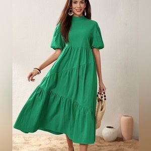 Mock Neck Puff Sleeve Ruffle Hem Dress